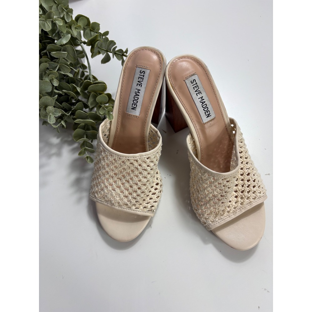 Steve Madden Womens Crochet Block Heel Mules Cream Woven Slide Sandals Size 7 - Picture 2 of 8